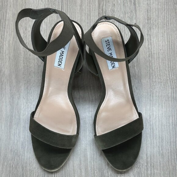 Steve Madden Celebrate Heeled Sandal Womens 9.5M Elastic Ankle Strap Suede Olive - Picture 9 of 13